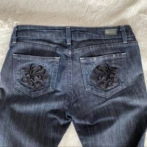 PAIGE Laurel Canyon Jeans, Embroidered Black Pockets, Size 28 (EUC)